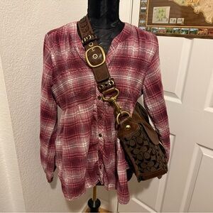| 2000s pink and white plaid button up top with ruched chest |